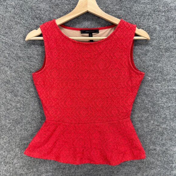 BCBGMaxazria Blouse Women 2XS Red Geometric Lined Sleeveless Wide Strap Casual - Picture 1 of 7